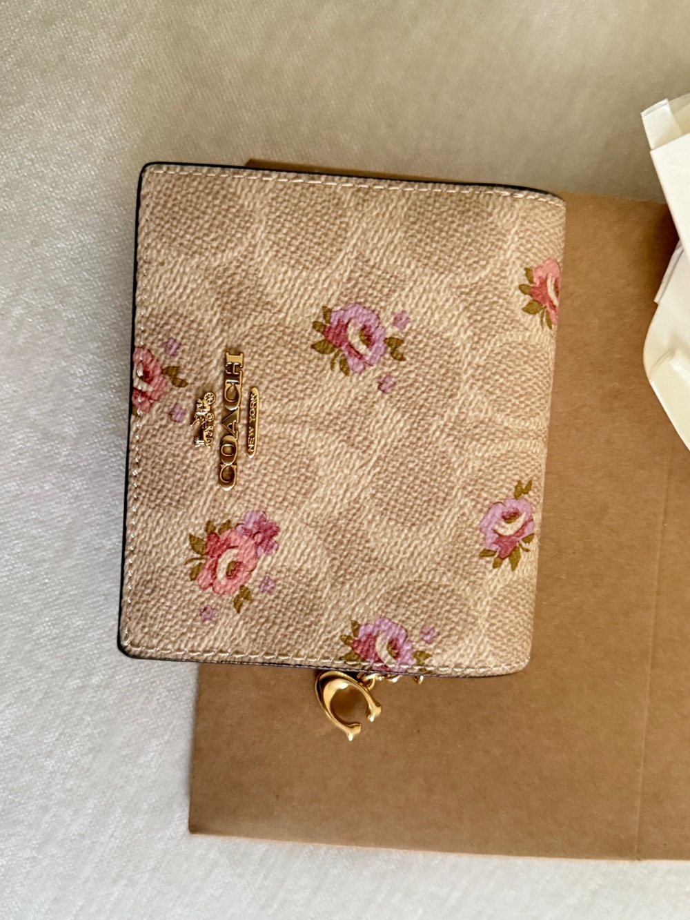 COACH Beige Floral Bifold Wallet with Pink Rose Accents